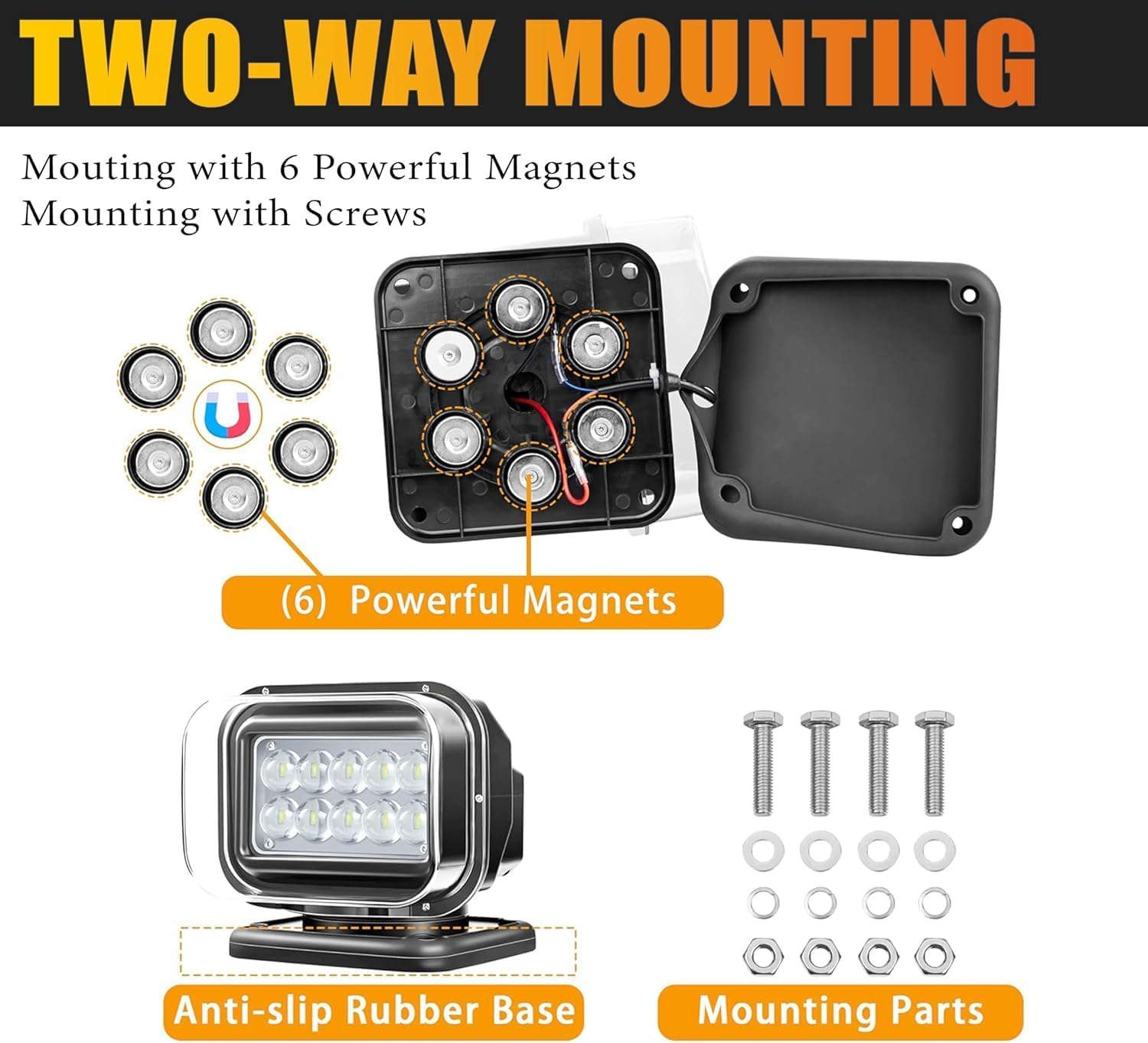 LED Searchlight, 8 Inch 50W 5000lm Waterproof Remote Marine Hunting Search Spot Light With 360 Rotating, 12V 24V LED Spotlight for Boat Off-road Truck, 6 Strong Magnets Built-in