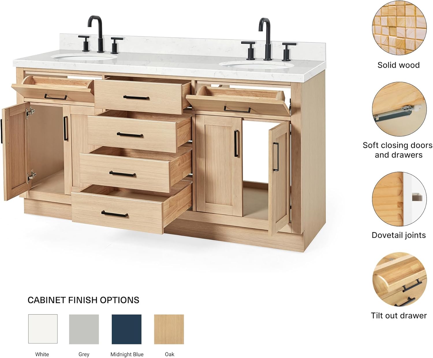 ARIEL Hepburn 66-inch Bathroom Vanity with Sink,Solid Wood, 1.5-inch Carrara White Quartz Countertop & Backsplash, Double Oval Porcelain Sink, 4 Soft Closing Doors, 6 Dovetail Drawers, White Oak