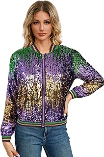 Sequin Jackets for Women, Sparkly Coats with Long Sleeve Front Zipper Ad...