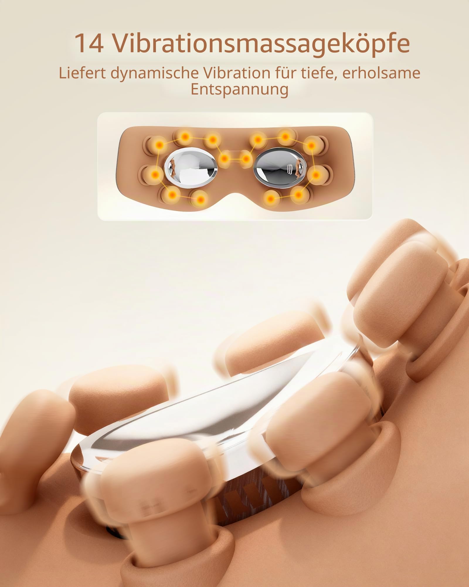 Augenmassager mit 2 Stufen Hitze & Kühle, 150 Minuten Gebrauch, 3 Modi &14 Vibrationsköpfe, Beheizte Augenmaske mit Bluetooth-Musik für Augenbelastung und Schwellungen