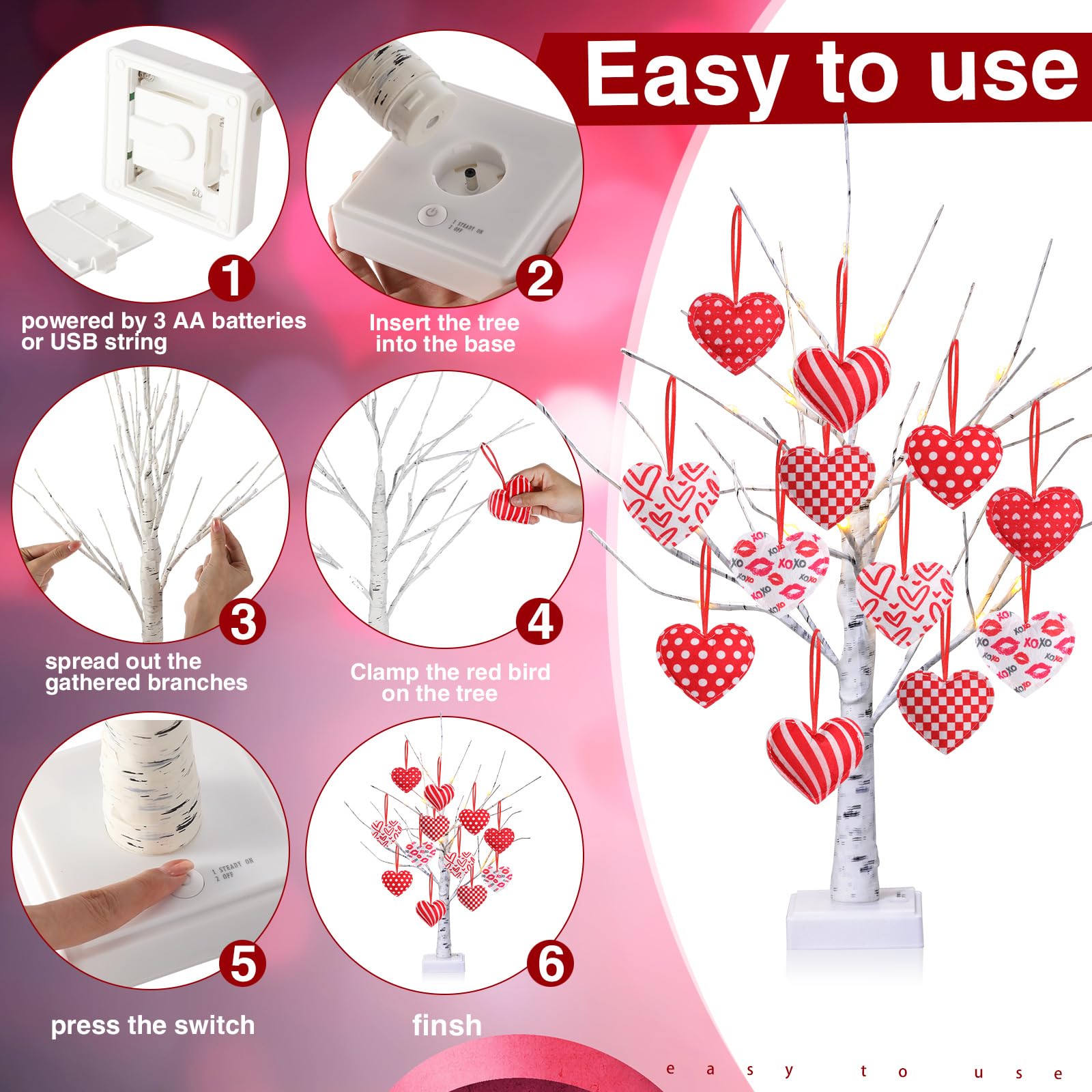 Snapklik.com : Jutom Valentines Day Tree Decor 24" Lighted Birch Tree