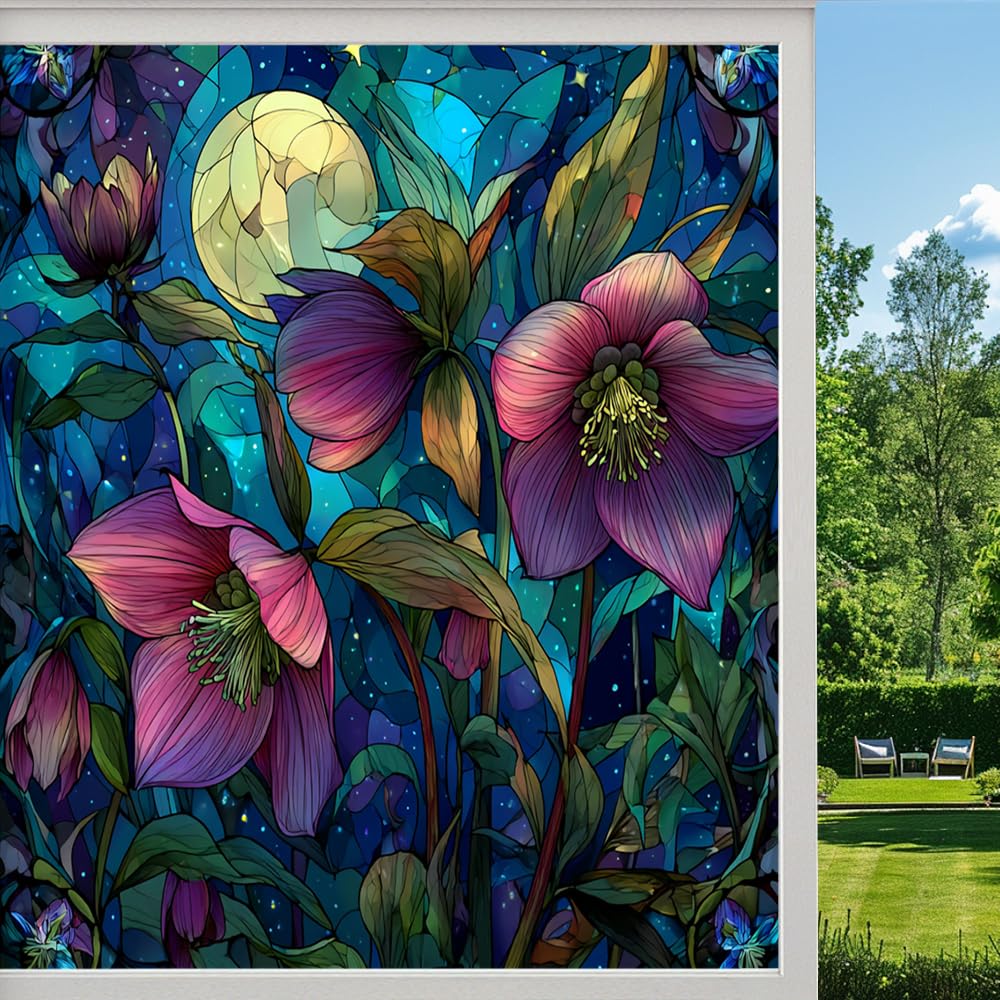 Dreamy Flowers Privacy Window Film, Colorful Starry Night Plants Frosted Self-Adhesive Vinyl Cling for Glass Doors Bathroom Windows Sun Blocking Heat Control,（80x140cm）