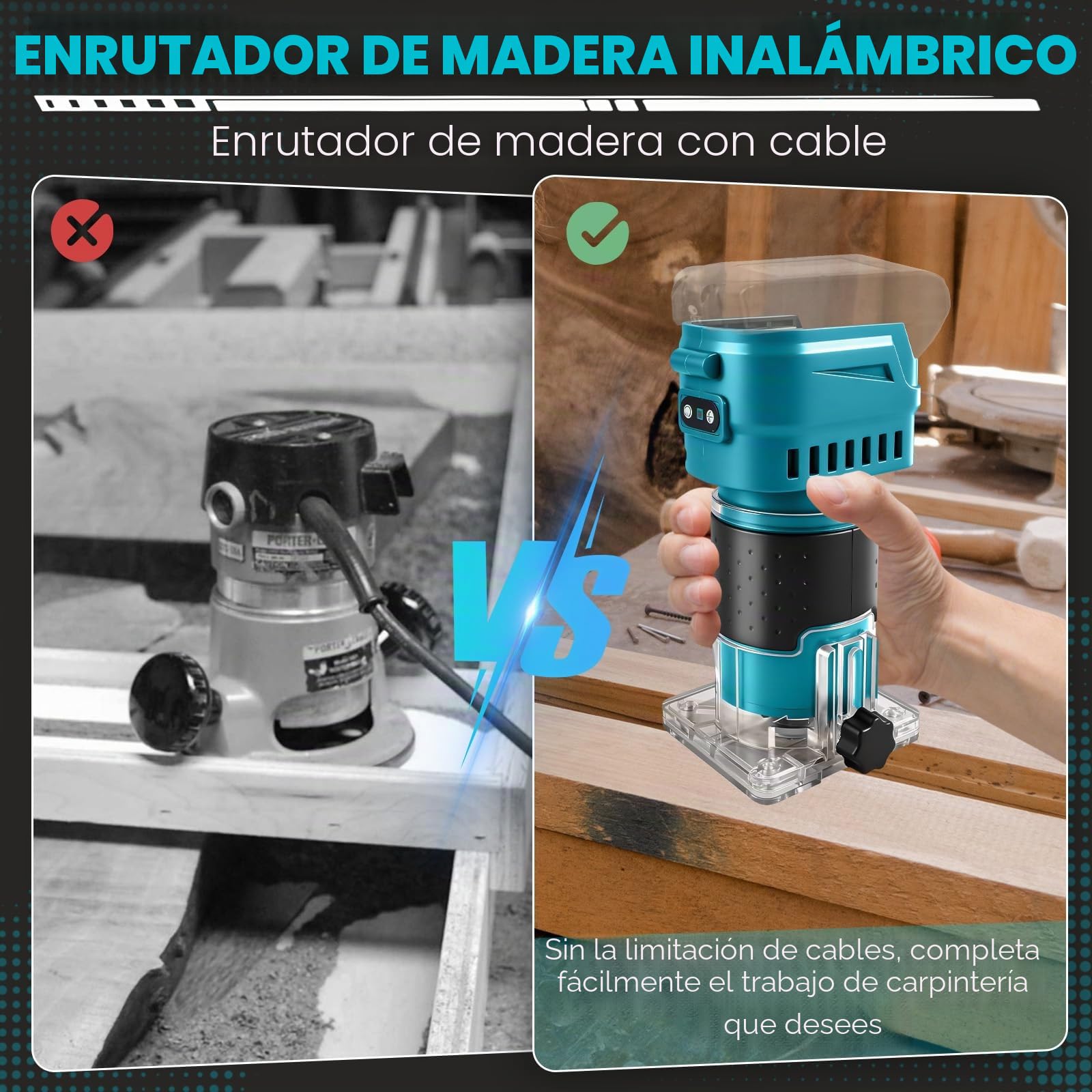 Fresadora inalámbrica compatible con batería Makita de 18 V, 850 W, 30.000 rpm, cortador de madera sin escobillas con 6 velocidades para trabajar la madera con 15 fresas de 1/4" (sin batería)