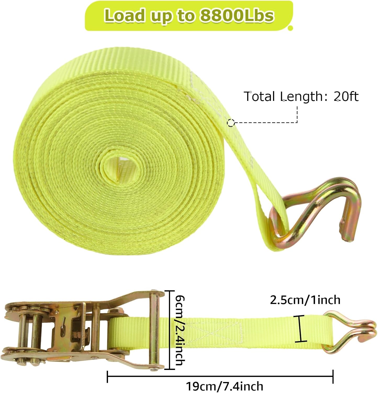 4 Pack 1 Inch Ratchet Straps Heavy Duty 20ft Tie Down Straps Ratchet with Double J Hook, 8000 LBS Break Strength, Cargo Ratchet Straps for Truck, Trailers, Motorcycle, Kayaks, Car Roof