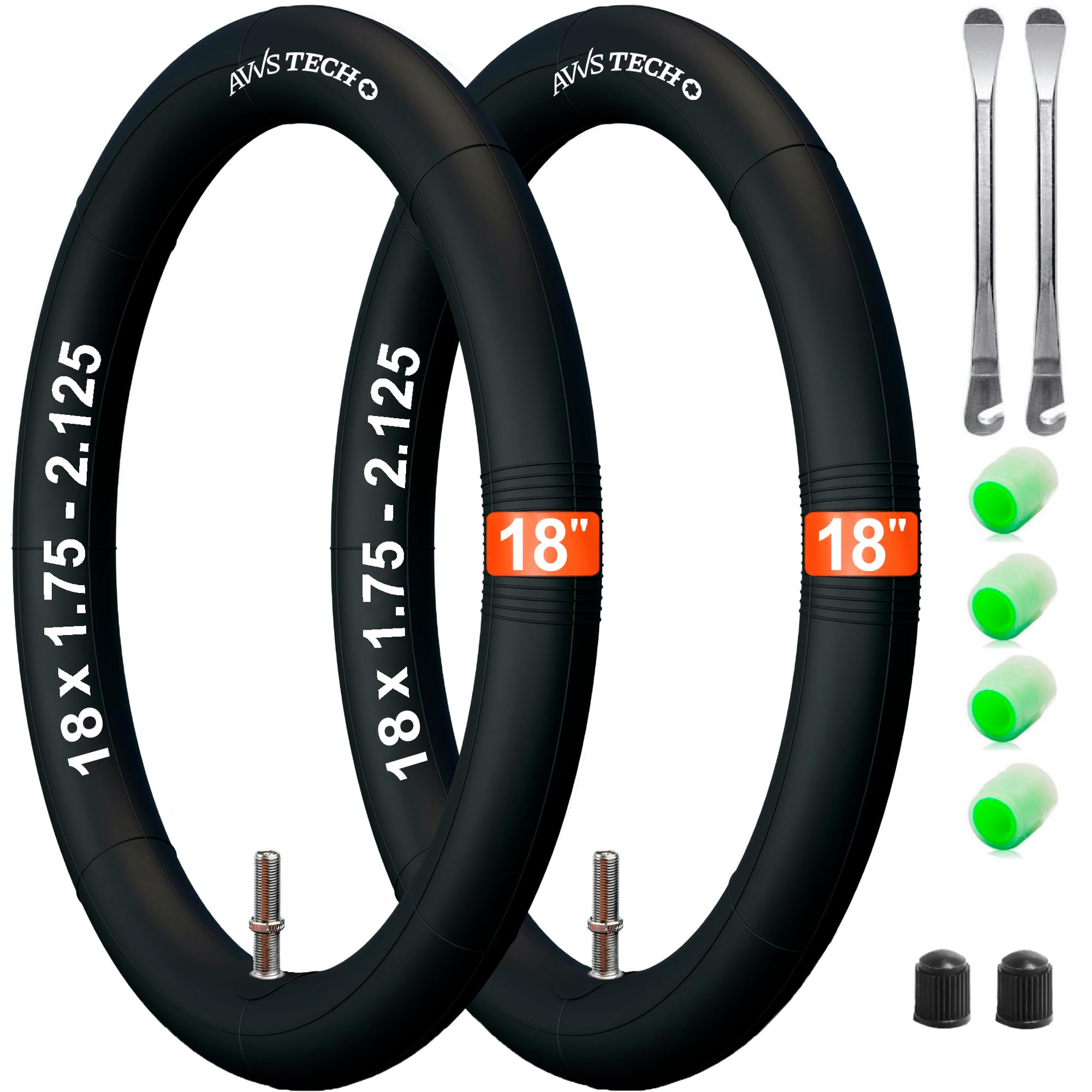 18 x 1.75 AV 40 Schlauch Kinderfahrrad, Klapprad und Fahrradanhänger 18 Zoll 18x1.75/1.95/2.125 mit Auto Ventil 40 mm (Schraderventil) Inklusive 2 Montierhebel 2 Stück Packung Kompatibel mit 18 Zoll