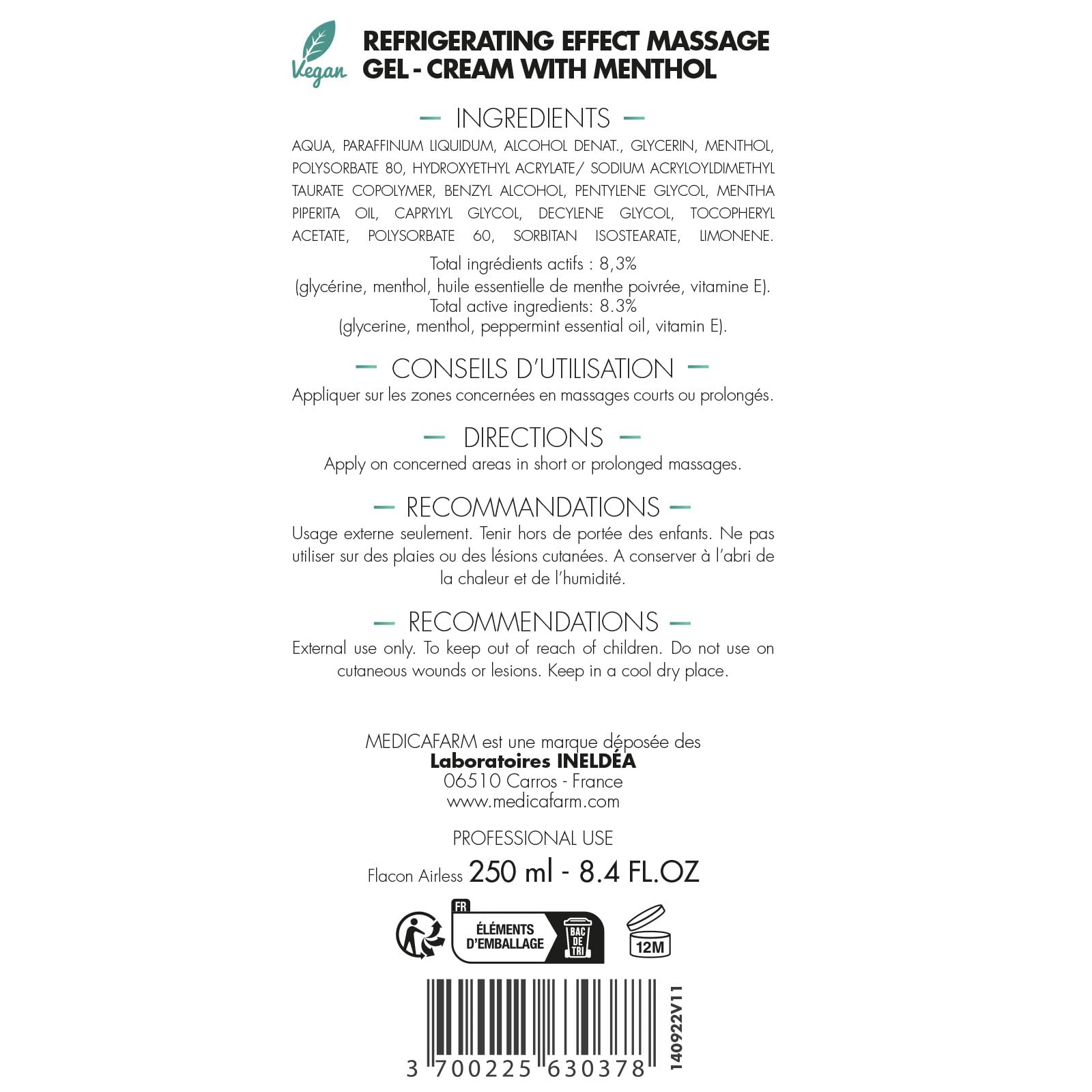 MEDICAFARM - Crème réfrigérante SEDADOL au menthol - Effet froid - Aide à soulager les douleurs et sensations de jambes lourdes - 3 flacons airless 250 ml