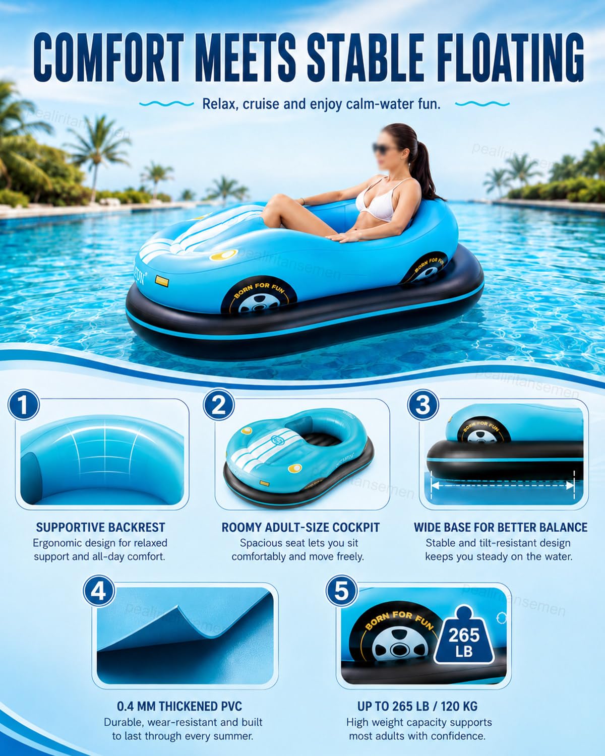 Tumbona Eléctrica para Piscina, Barco Hinchable de Choque para Adultos con Propulsor 46W, Joystick 360°, 2 x 2600mAh Baterías para Piscinas, Resorts y Vacaciones de Verano Red