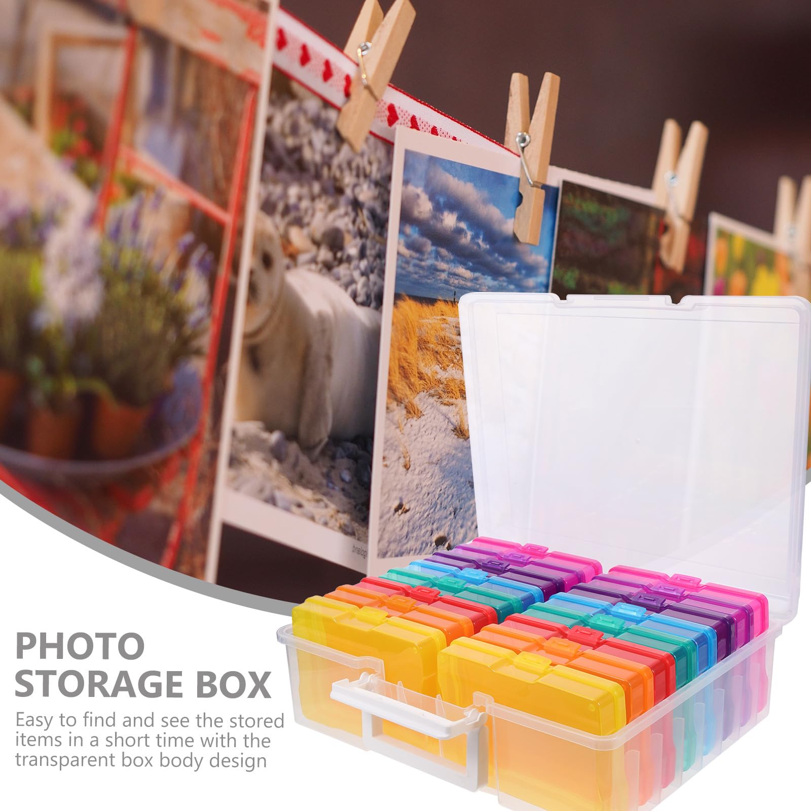 Scatola Porta Foto Multifunzione in Plastica 16 Scomparti per Foto 4x6 Pollici e Cartoline, Leggera e Portatile per Scrivania e Cassetto
