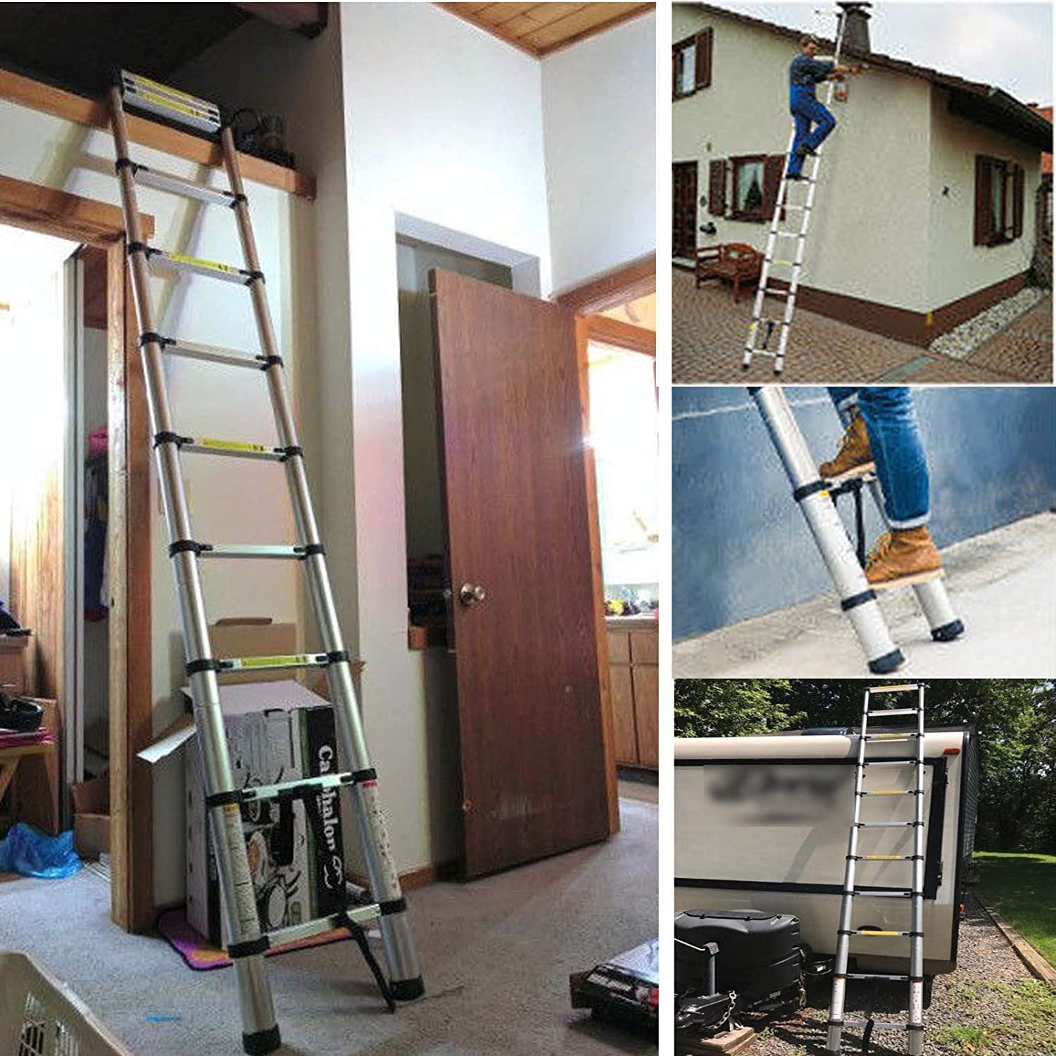 DICN Escalera telescópica de Aluminio 5 m, 13 Peldaños, Plegable, Extensible, Fácil de Transportar, para Constructores de Bricolaje, Interiores y Exteriores
