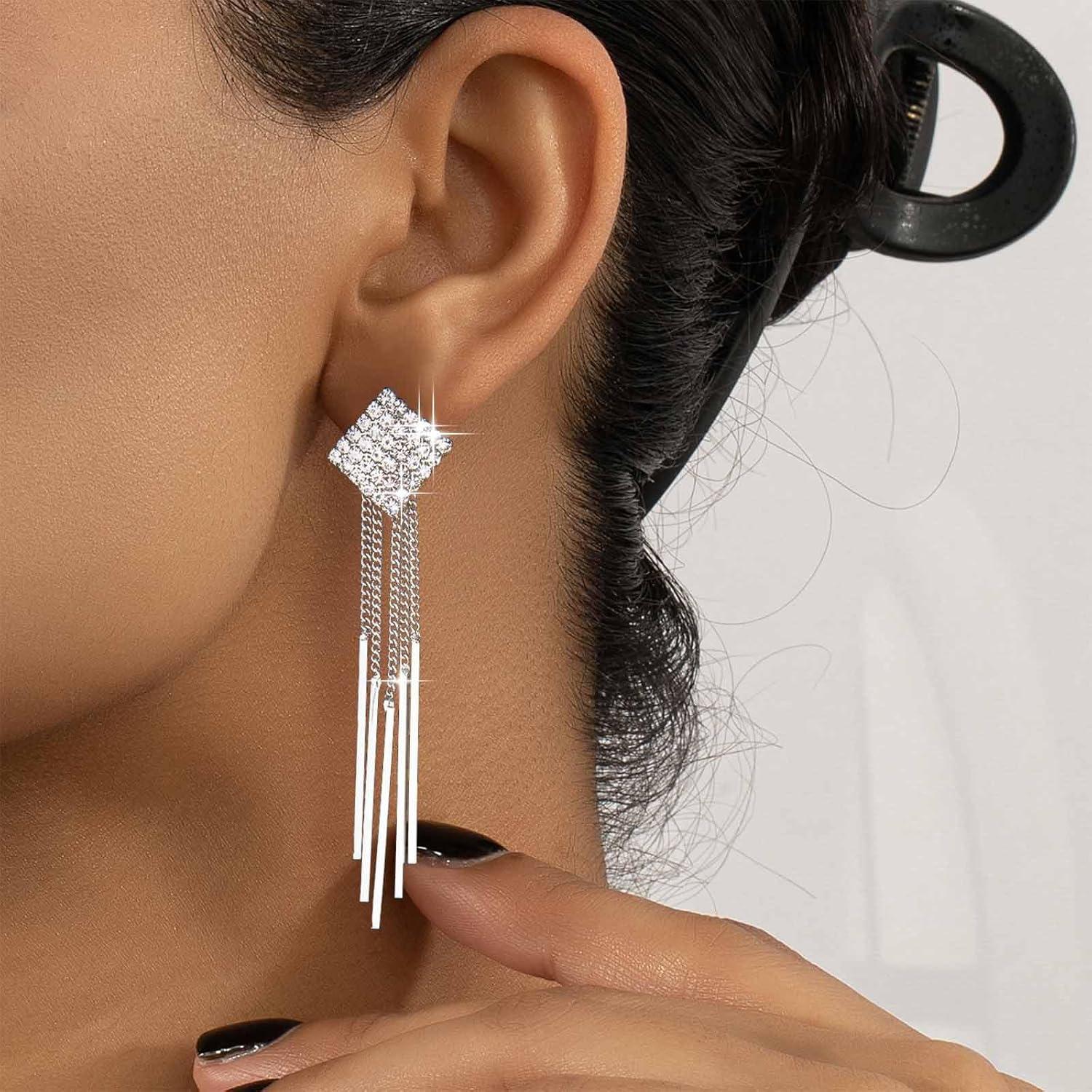 Silver Rhinestone Tassel Dangle Earrings Vertical Bar Tassel Earrings Long Chain Fringe Earrings Square Crystal Earrings Metal Chain Drop Earrings Jewelry for Women - Image 2