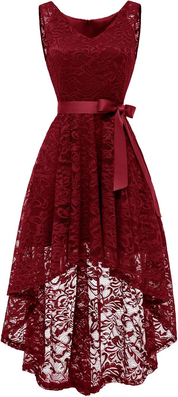 Women's Vintage Hi-Lo Lace Formal Party Dress Swing Prom Bridesmaid Dress Belt