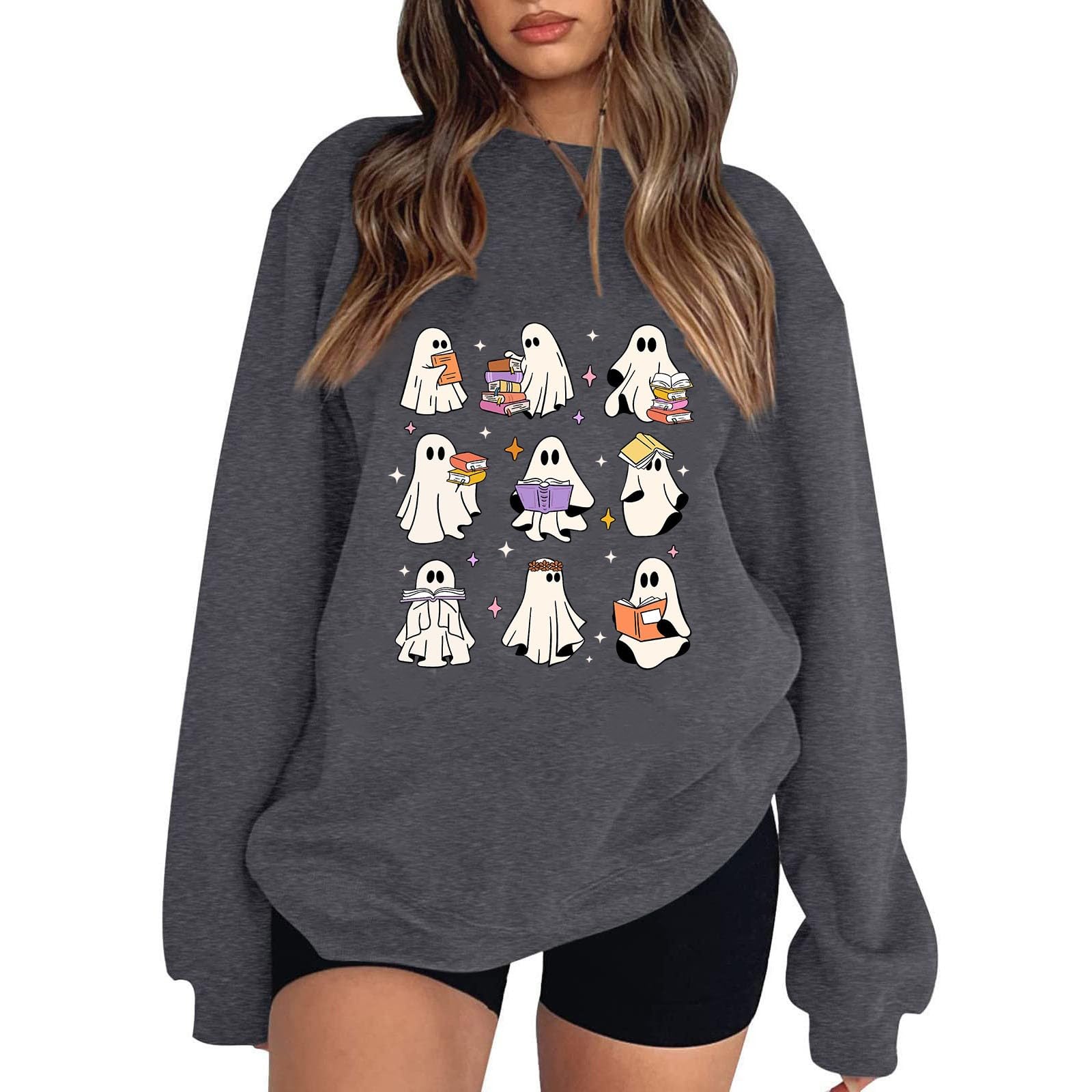 Halloween Sweatshirts for Women Ghost Oversized Crewneck Sweatshirt Cute Pumpkin Graphic Hoodies Fleece Pullover