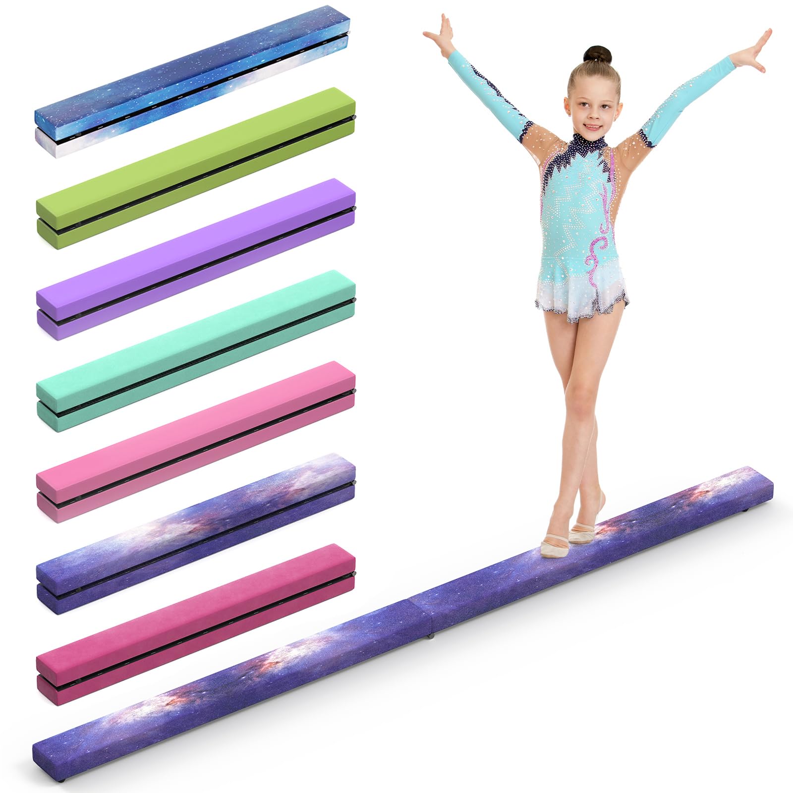 Erreyht Balance Beam, Starry Blue Flannel Gymnastics Bar 2.1m/220lbs Faux Suede, Foldable Gymnastics Equipment for Girls Birthday Home Training Exercise