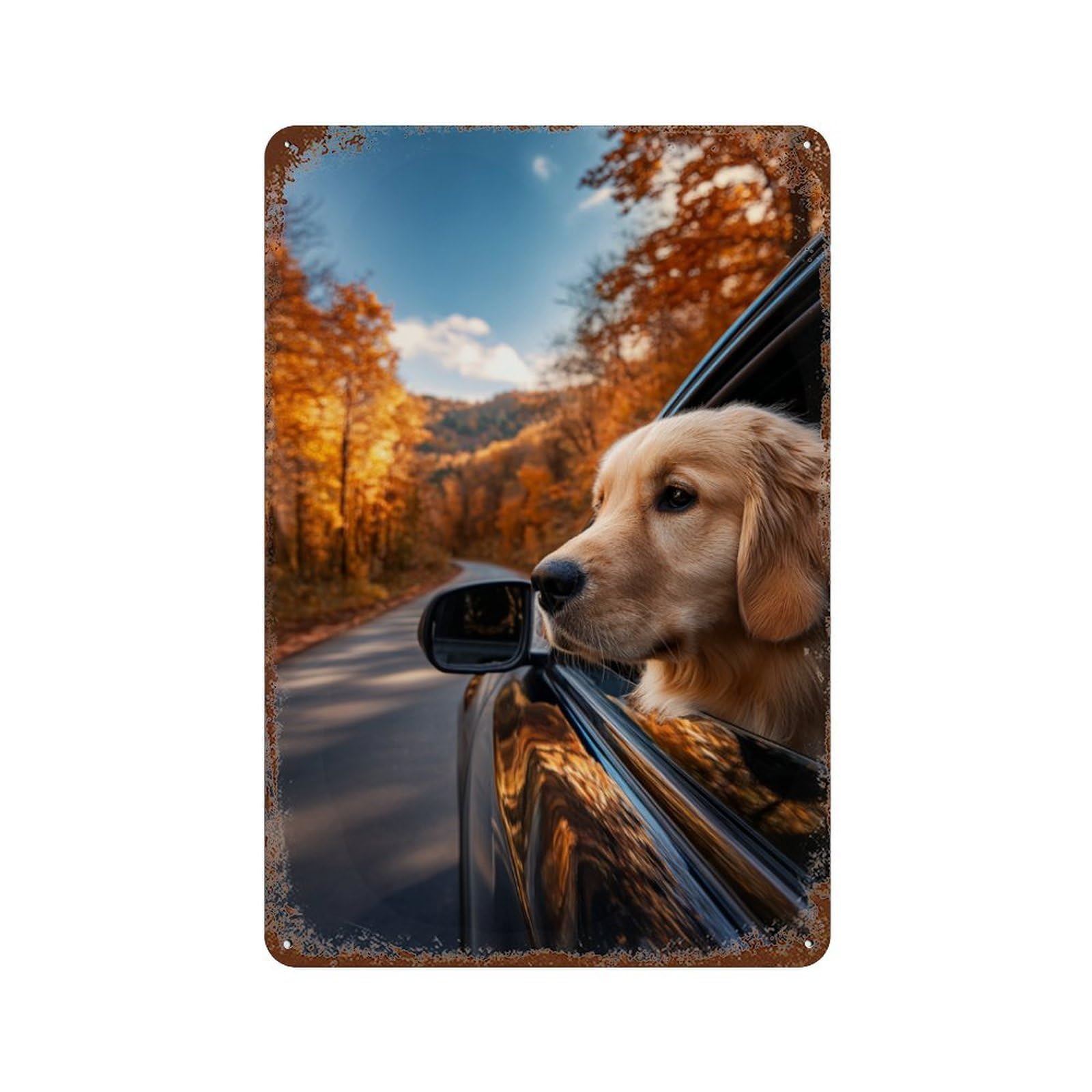 Golden Retriever Autumn Drive 11.8"x7.9" Distressed Metal Wall Sign, Shabby Chic Decor for Shed, Workshop And Garage Wall Decor