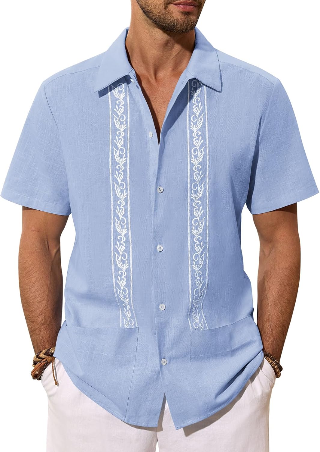 Mens Cuban Guayabera Shirts Cotton Linen Short Sleeve Shirt Casual Hippie Beach Button Down Pocket Shirt