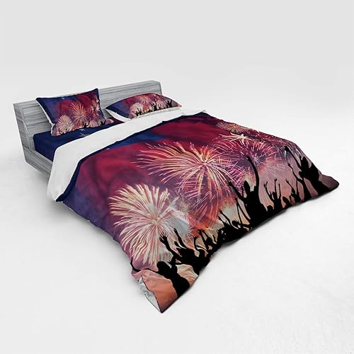 Miniatura 2 de Lunarable Samoa Duvet Cover Set, Celebration Themed Illustration with Happy People Silhouettes Fireworks and Flag, 4 Piece Bedding Set with Shams