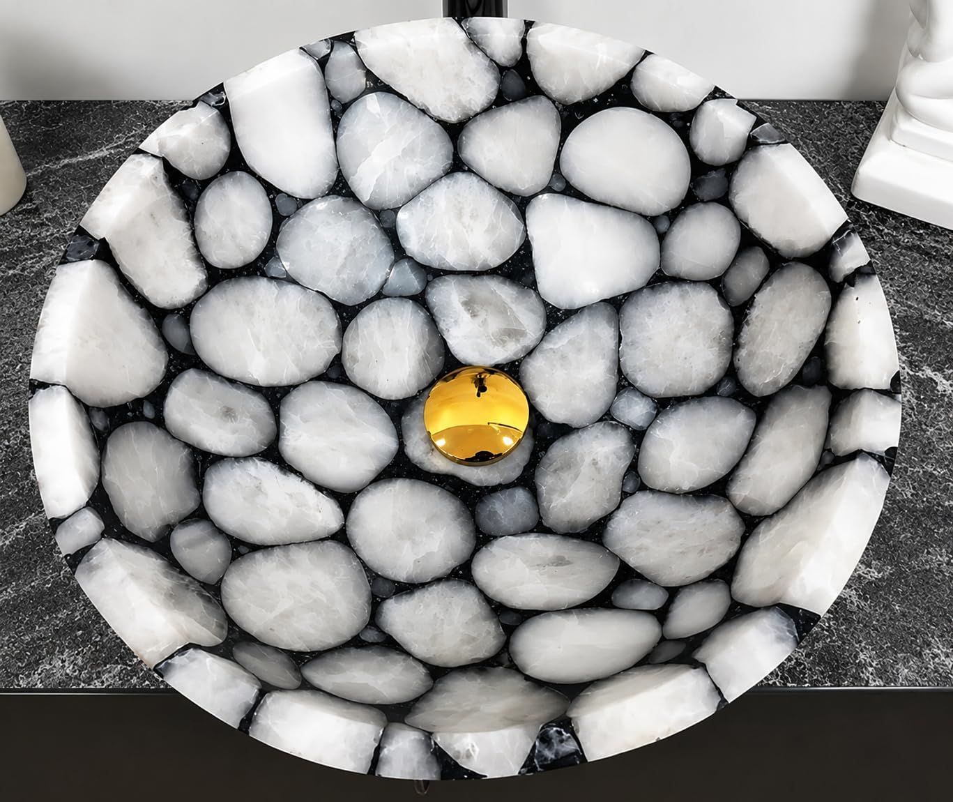 Fregadero de cuarzo blanco | 45,7 x 45,7 x 12,7 cm, hecho a mano, piedra natural, redondo, lavabo de baño, lavabo de cuarzo pulido, fregadero de cocina para decoración moderna