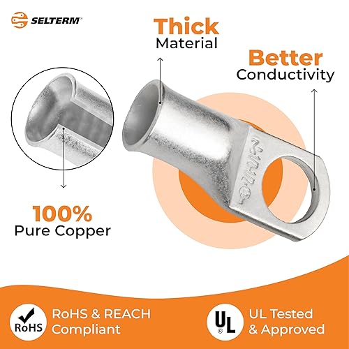 Miniatura 326 de SELTERM - Terminal en anillo de grado marino UL 2/0 AWG 3/8 pulgadas (25 uds) para batería, terminal tubular de cable eléctrico, conector calibre