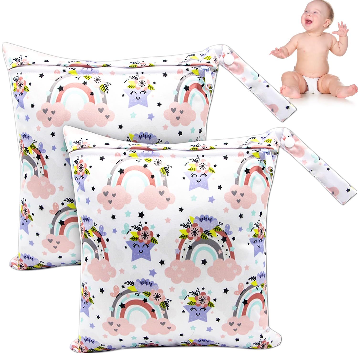 NTGRTY Windeltasche, 2 Stück, Nappy Bags, Wet Dry Bags, Wet Dirty Laundry Bag, Waterproof Dry Wet Bag, Diaper Bag for Babies Swimming Camping Travel Gym Workout Beach (Animal) (Regenbogen)