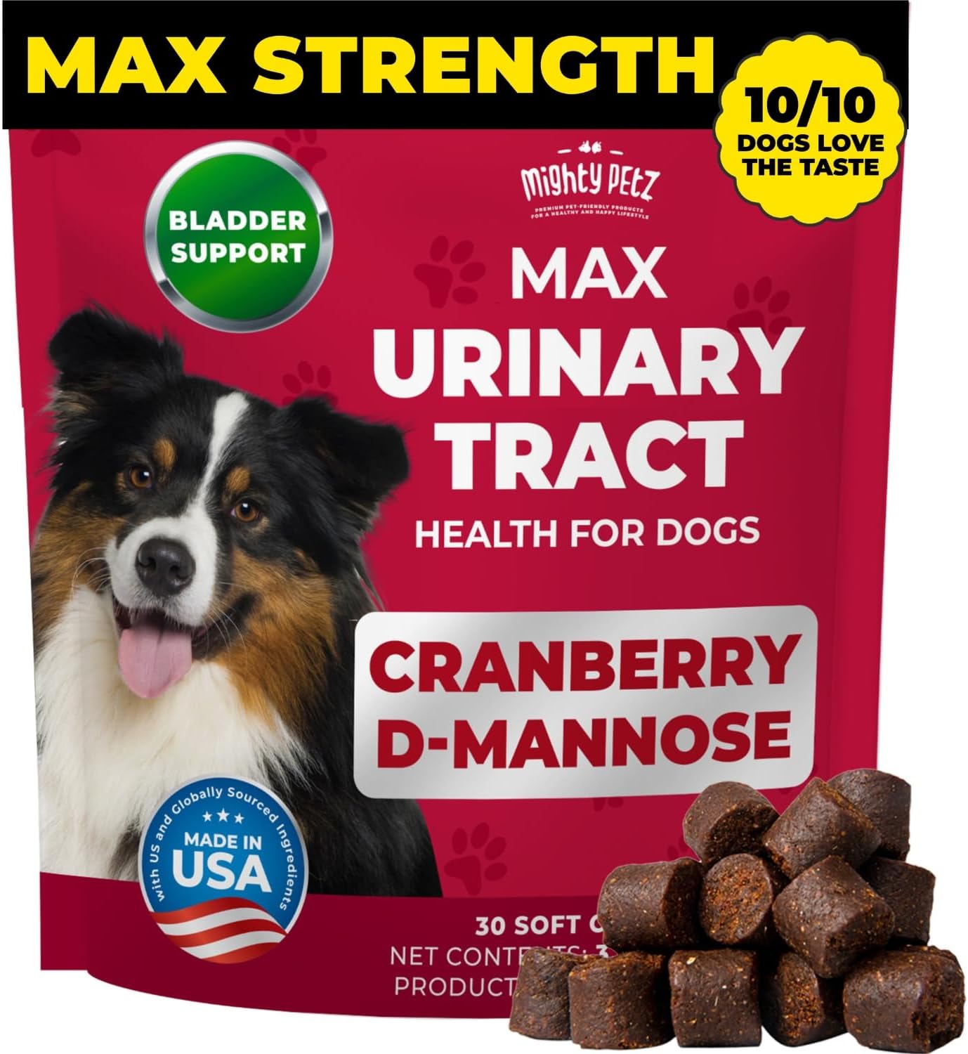 MAX Cranberry for Dog UTI Treatment - MAX Strength Cranberry Supplement for Dogs + D-Mannose. Bladder Control for Dogs. Urinary Tract Care & Kidney Support Chews