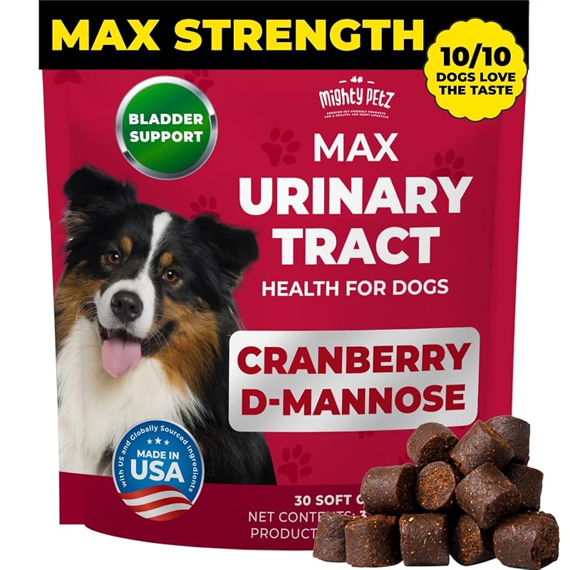 Mighty Petz MAX Cranberry for Dog UTI Treatment - MAX Strength Cranberry Supplement for Dogs + D-Mannose. Bladder Control for Dogs. Urinary Tract Care & Kidney Support Chews