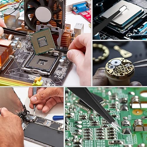 Miniatura 7 de Juego de pinzas de precisión, 6 piezas antiestáticas ESD industriales kit de pinzas industriales negro mate, se adapta para reparación de