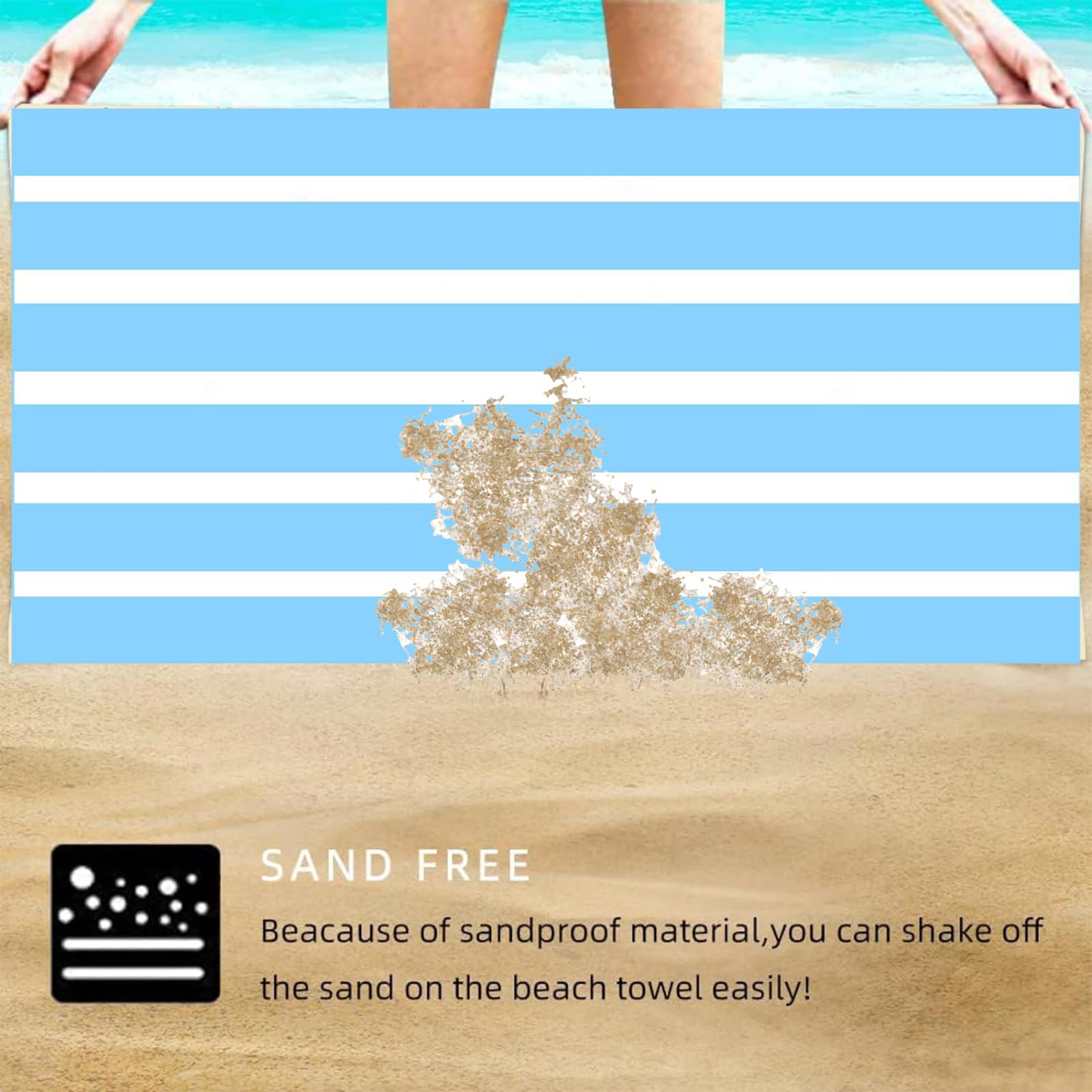 Large Quick Dry Microfibre Beach Bath Towel,Double Sides Light Blue White Striped Sand Free Beach Towel with Bag,Lightweight Gym Yoga Sports Towel,Compact Travel Summer Beach Towel for Women Men - Image 4