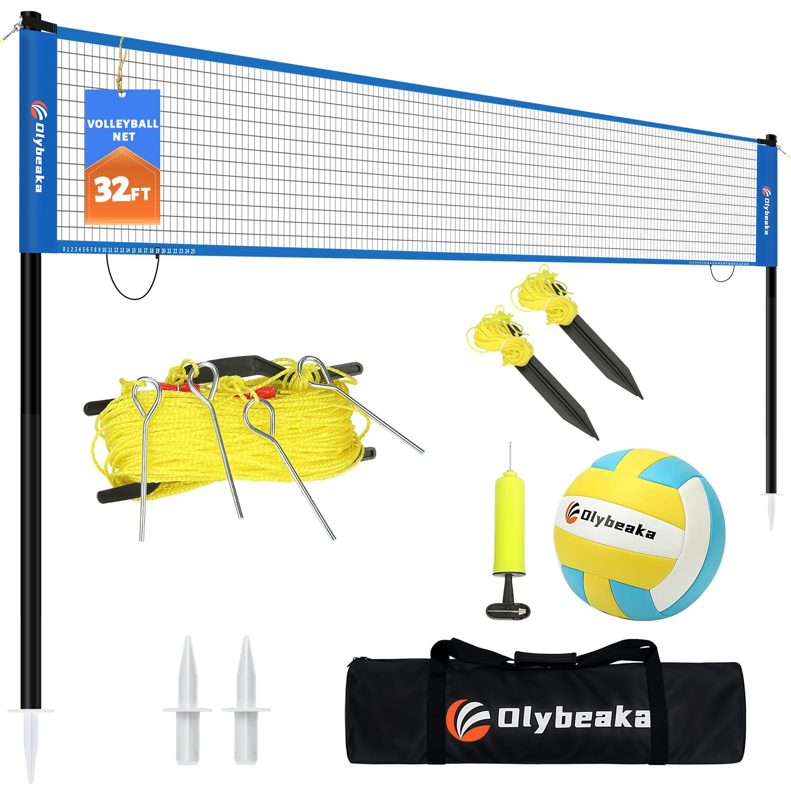 Photo 1 of Portable Outdoor Volleyball Net Set for Backyard Beach with Adjustable Poles, Soft PU Volleyball & Pump, Carry Bag and Durable Anti-Sagging Net (Blue, 32ft)