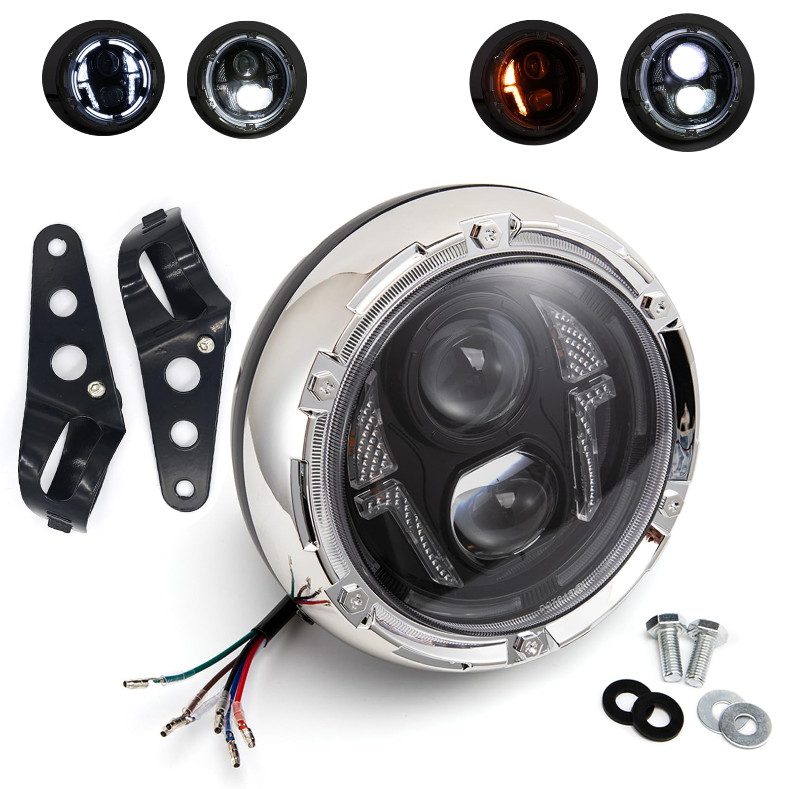 E9 Uniwersalna lampa przednia motocykla z oznaczeniem E, 17,2 cm, z uchwytem, światła do jazdy dziennej LED, okrągła lampa przednia motocykla dla Cafe Racers, Bobbers i Choppers (Styl 2)