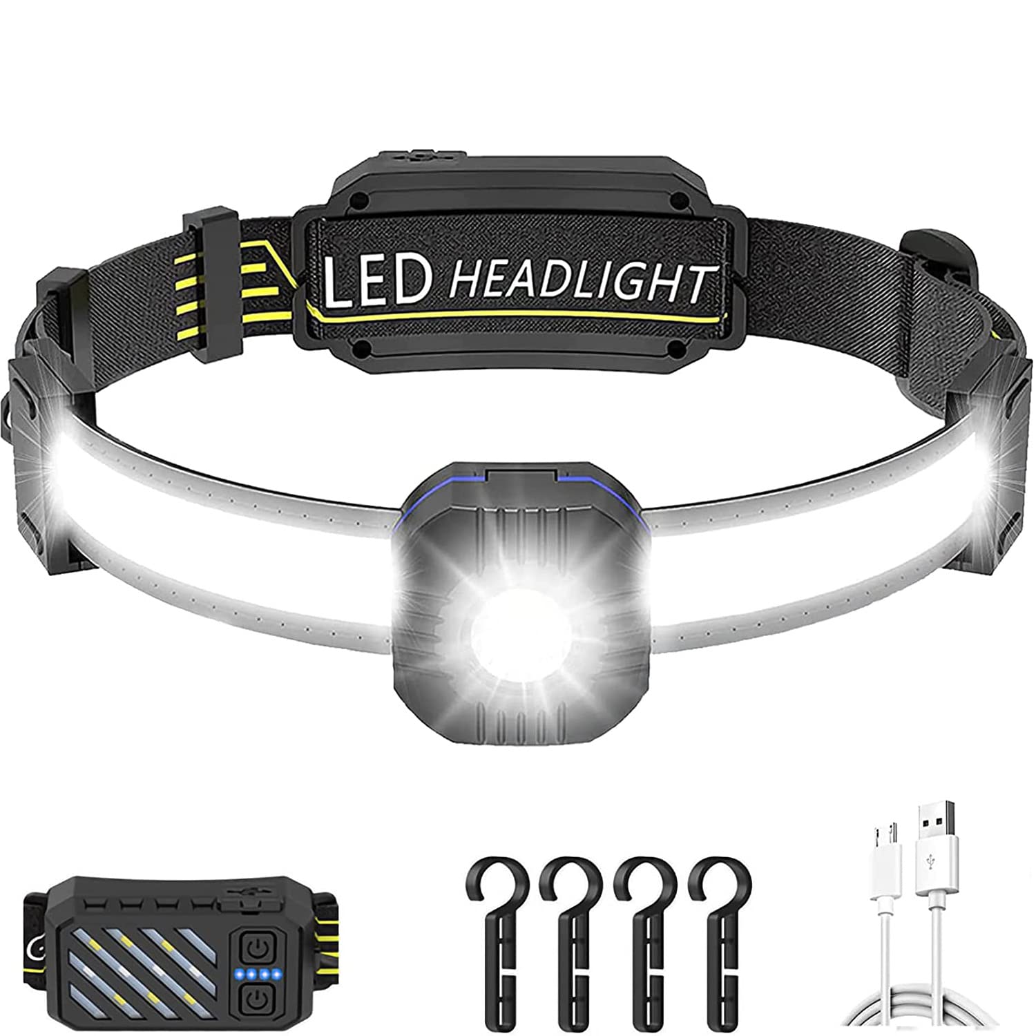 LED Runing Headlamp Rechargeable for Adults Hardhat Headlamp Flashlight 230° Wide Beam Rechargeable Head Lamp for Running Camping, Sensor Outdoor Headlight (1 Pack)