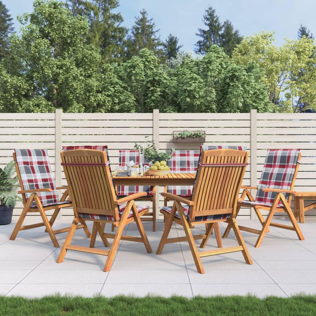 Sedie da giardino in teak con cuscino, 6 pezzi, in legno massiccio, regolabili, pieghevoli, portata 110 kg, impermeabili, per balcone, terrazza e giardino
