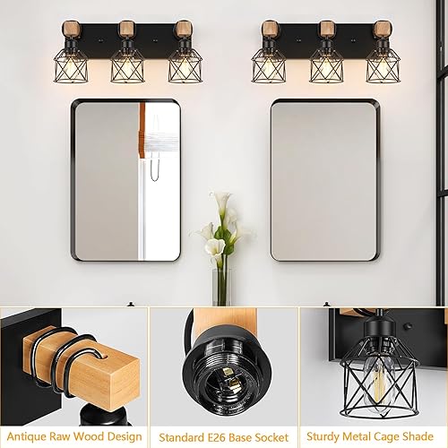 Miniatura 3 de FadimiKoo Lámpara de tocador de granja de 3 luces para baño, lámparas de baño de madera sobre el espejo, luz industrial negra con pantalla de metal