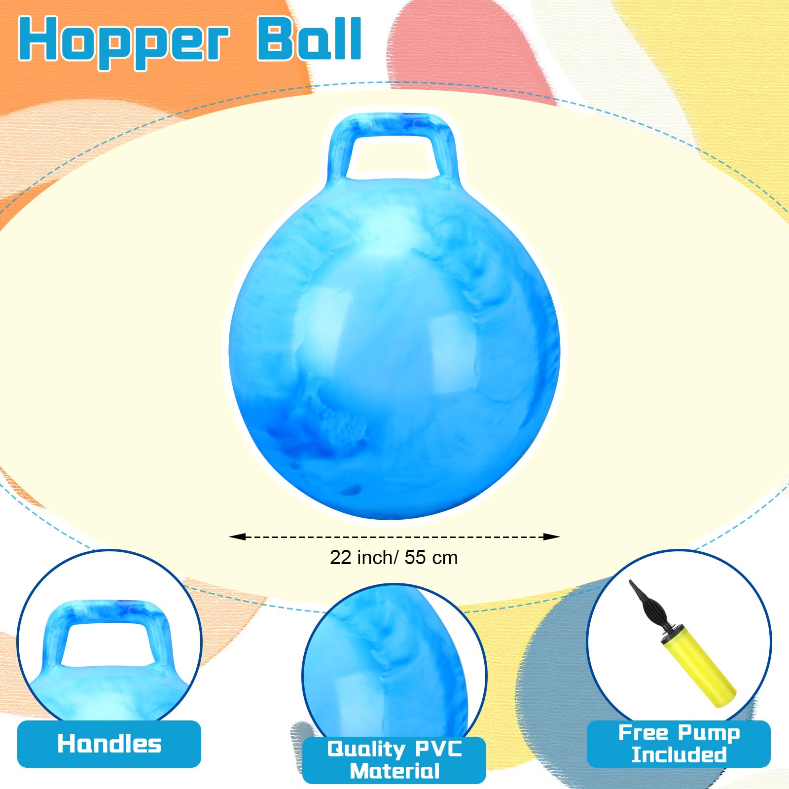 Poen 2 Pcs Bouncing Ball with Handle, Hopper Jumping Hopping Ball with Air Pump for Games(22 Inch,Marbled Red, Marbled Blue)