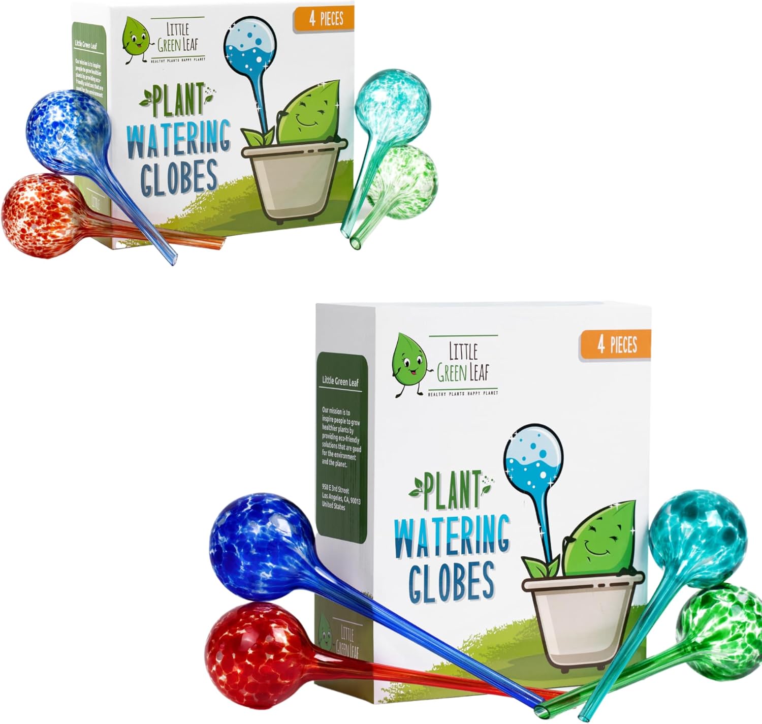 Little Green Leaf Plant Watering Globes - 8 Pieces. 4 Multi Color Jumbo + 4 Multi Color Small. Decorative Self Watering Planter Inserts. Hand-Blown Durable Glass. Ideal Plant Lover Gift