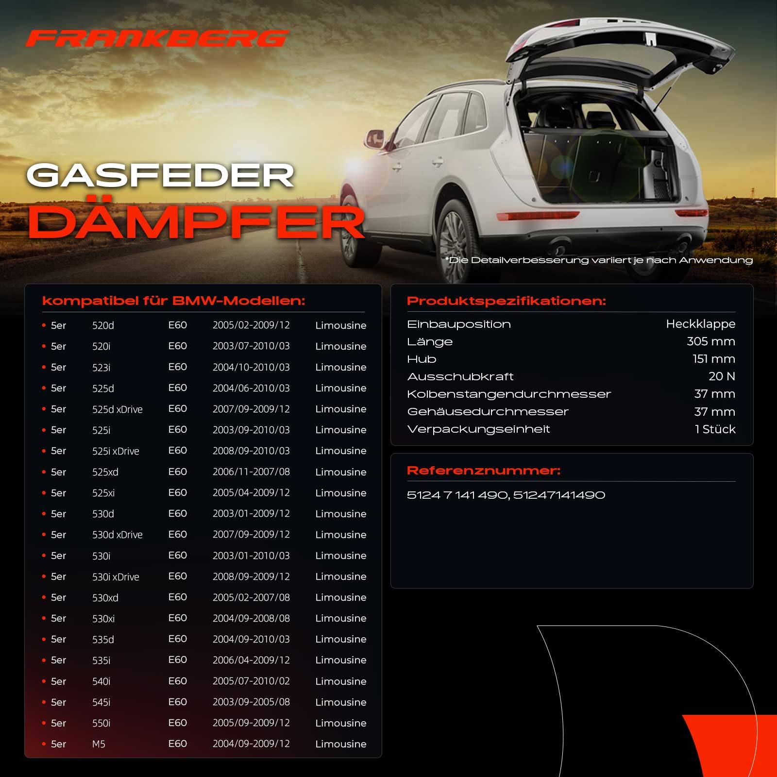 Frankberg 1x Gasfeder Dämpfer Heckklappe Links Kompatibel mit 5er E60 520 523 525 530 535 540 550 M5 Alle Motoren Limousine 2003-2010 Replace# 51247141490