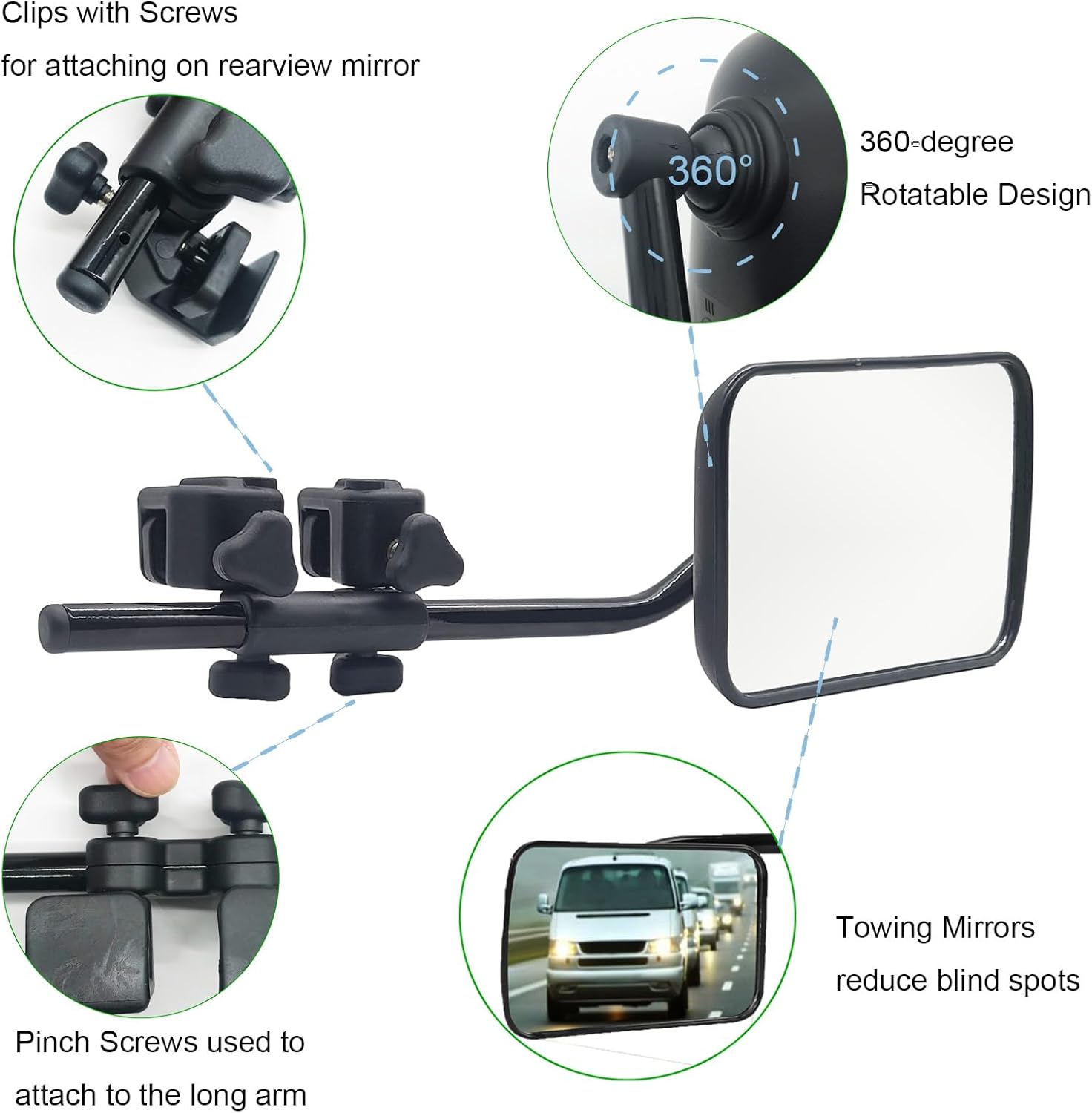 HolaKit Advanced Towing Mirrors, Universal Clip-On Truck & RV Trailer Tow Mirrors, Side Mirrors Extenders for Safe Towing hitch, Up to 7 inches Extension, 360 Degree Adjustable for Wide Vision, 1 Pair