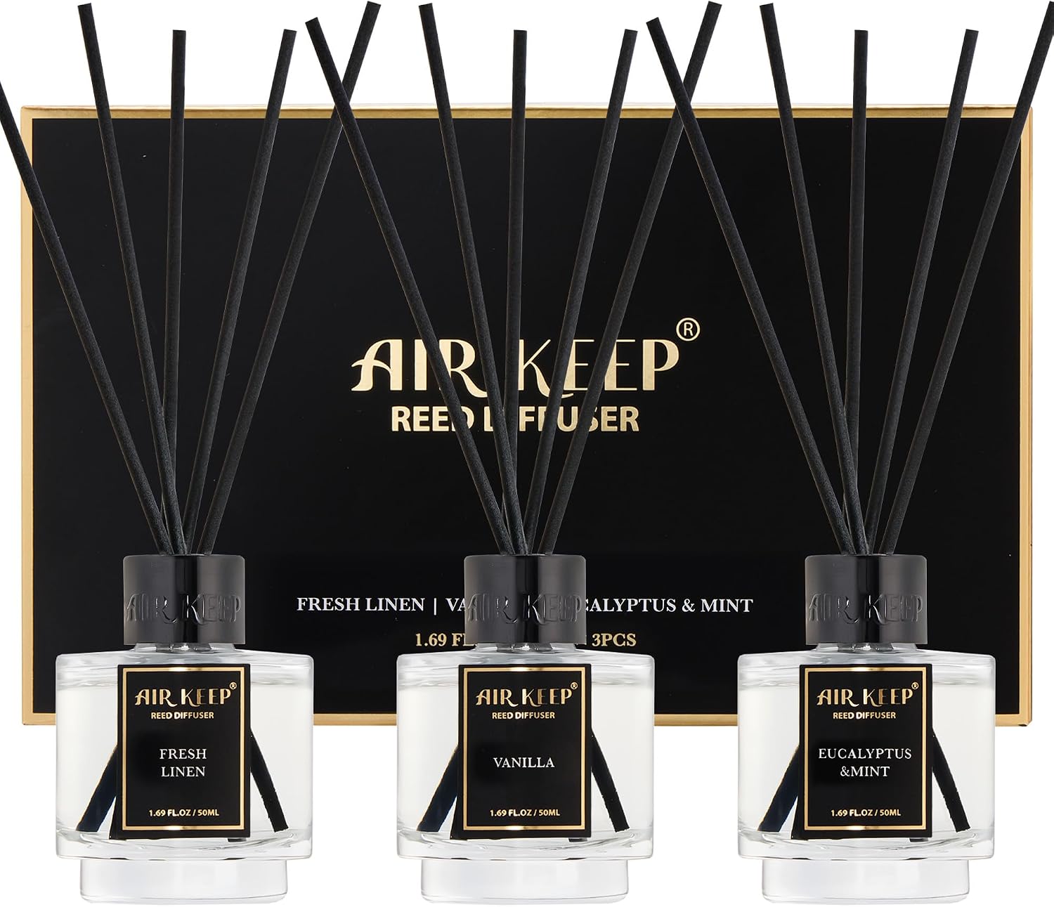 Airkeep Reed Diffuser Set of 3 for Bathroom Air Fresheners, Oil Diffuser Sticks | Fresh Linen,Vanilla,Eucalyptus & Mint Scent(1.7 fl oz*3) Fragrance with 18 Sticks Defusers | Shelf Decor