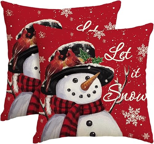 AVOIN colorlife Let it Snow - Juego de 2 fundas de almohada de Navidad de muñeco de nieve, 18 x 18 pulgadas, decoración de fundas de cojín para sofá