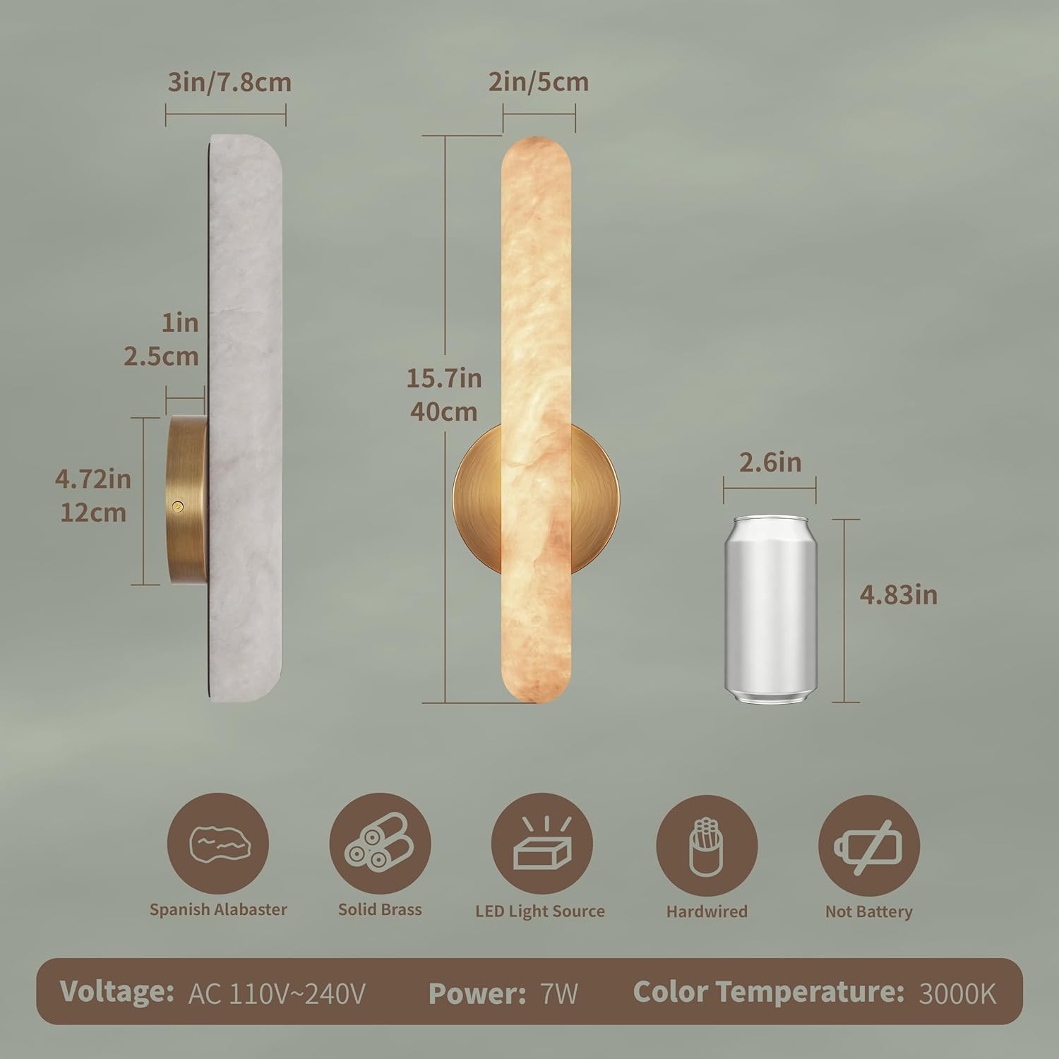 Alabaster Wall Sconce, Solid Brass Sconce with Natural Spanish Alabaster, 15.7 in Vanity Lights for Bathroom, LED Hardwired Wall Lamp for Bedroom Living Room Dining Room Staircase Hallway