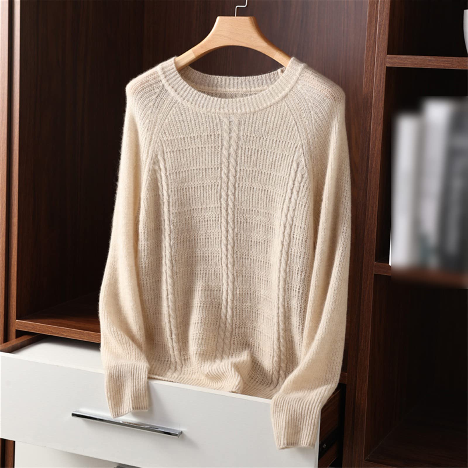 Kelsiop Primavera y otoño 100% suéter de cachemira de las mujeres suéter de cuello redondo casual de punto suelto de moda suéter cálido, azul, S