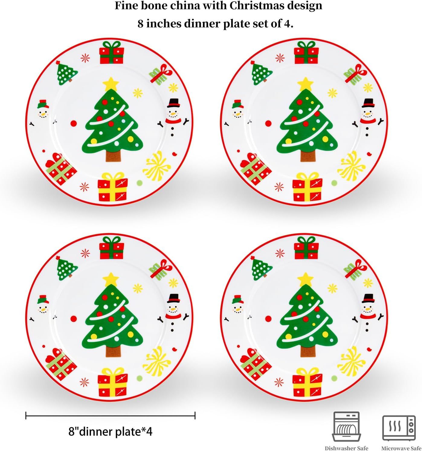 Fine Bone China Christmas 8 inches Dessert Plates Set of 4, Red and Green Design, Christmas and New Year Table Decorations Thin and Light Weight, Designed Gift Box, Dishwasher and Microwave Safe