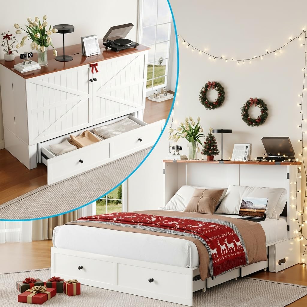 Mjkone 63" W Queen Size Murphy Cabinet Bed with Tri-fold Mattress, Queen Murphy Bed with 2 Storage Drawers and USB Charging Station, Chest Cabinet Beds for Bedroom, Small Space, Guest Room, White