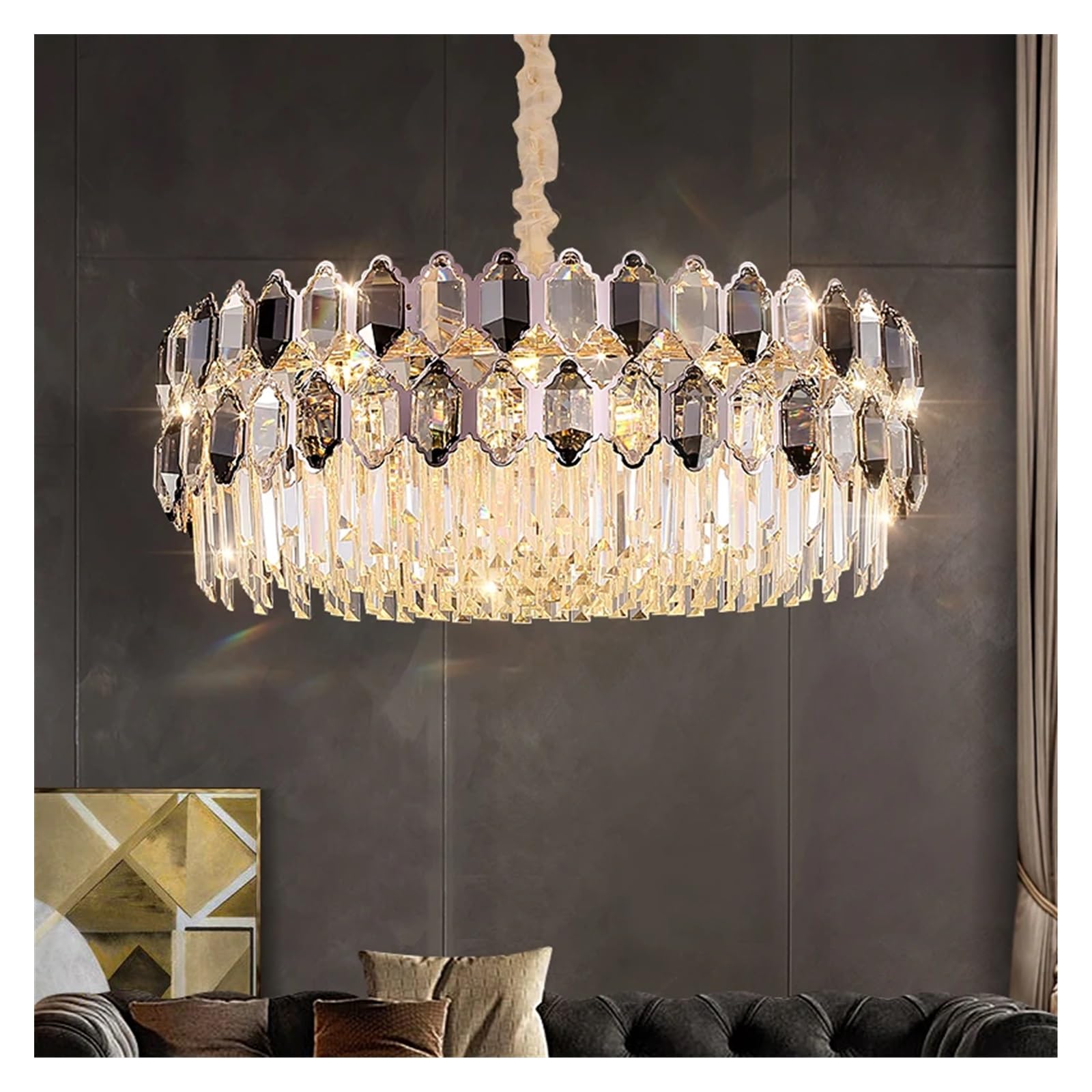 Generico Lampadario a soffitto, Plafoniera di lusso in cristallo cromato Lampadario moderno design regolabile a lustro dimmerabile Lampada a sospensione moderna for villa hotel(D80xH33CM,Tricolor)