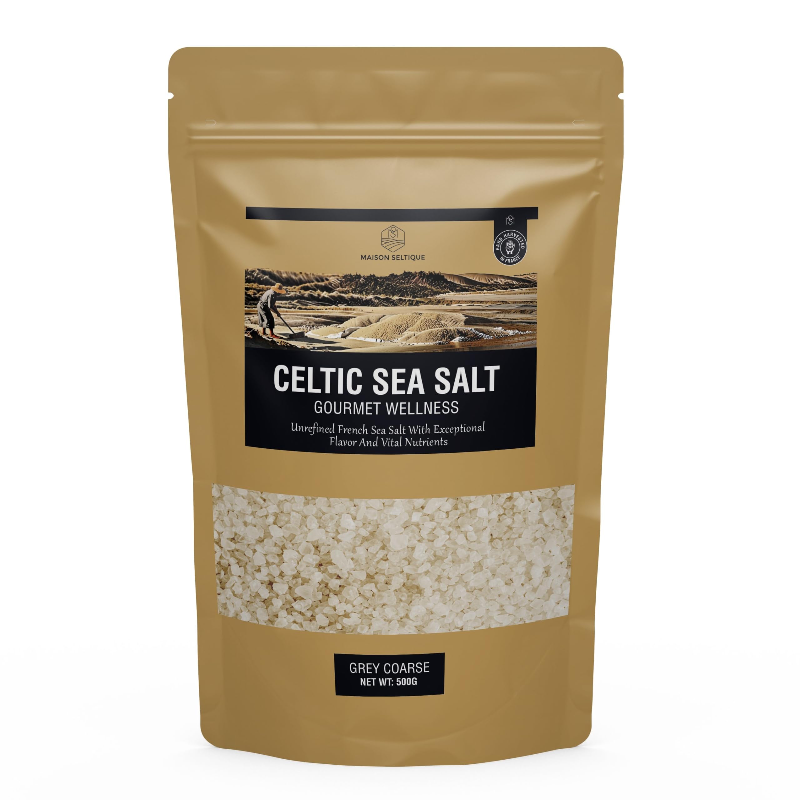 Maison Seltique Celtic Sea Salt, 100% Natural, Sal Celta Cosechada a mano, Artesanal - Pura y Sin Refinar | Sal Marina sin aditivos| Bolsa Resellable | Ideal para Cocina Gourmet y Saludable (500gr)