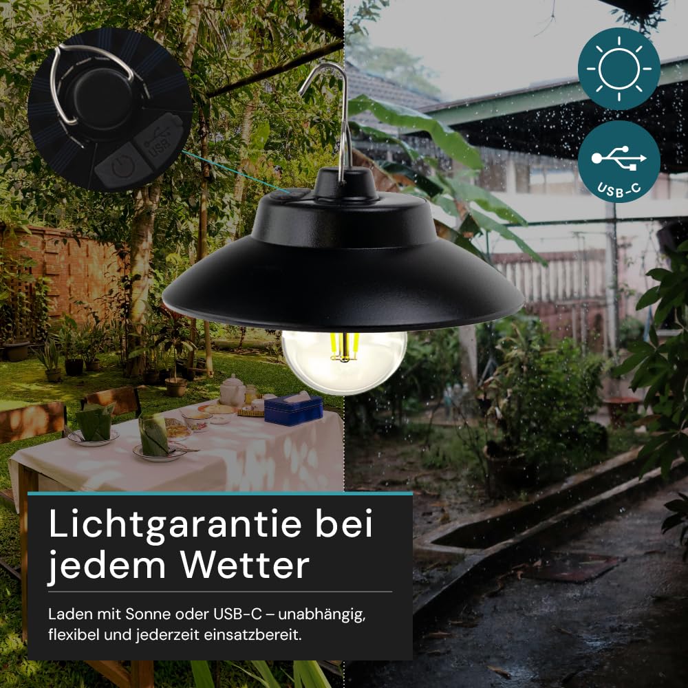LUXULA Solar Hängeleuchte Outdoor 2 Stück - LED Solarlampe zum Aufhängen, warmweiß 3000K, 200lm, dimmbar, IP54 wetterfest, Retro Hängelampe für Garten, Terrasse, Balkon, Camping - Solar & USB-C