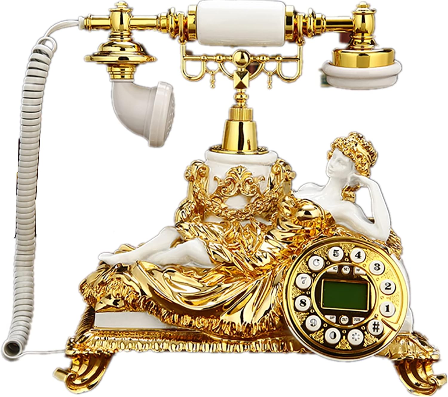 ヨーロピアンスタイルのアンティーク電話 ヴィンテージレトロクラシックハンズフリー電話装飾的な昔ながらの家庭用寝室固定電話 ホワイト ゴールド 無料サンプルok バックライト付き