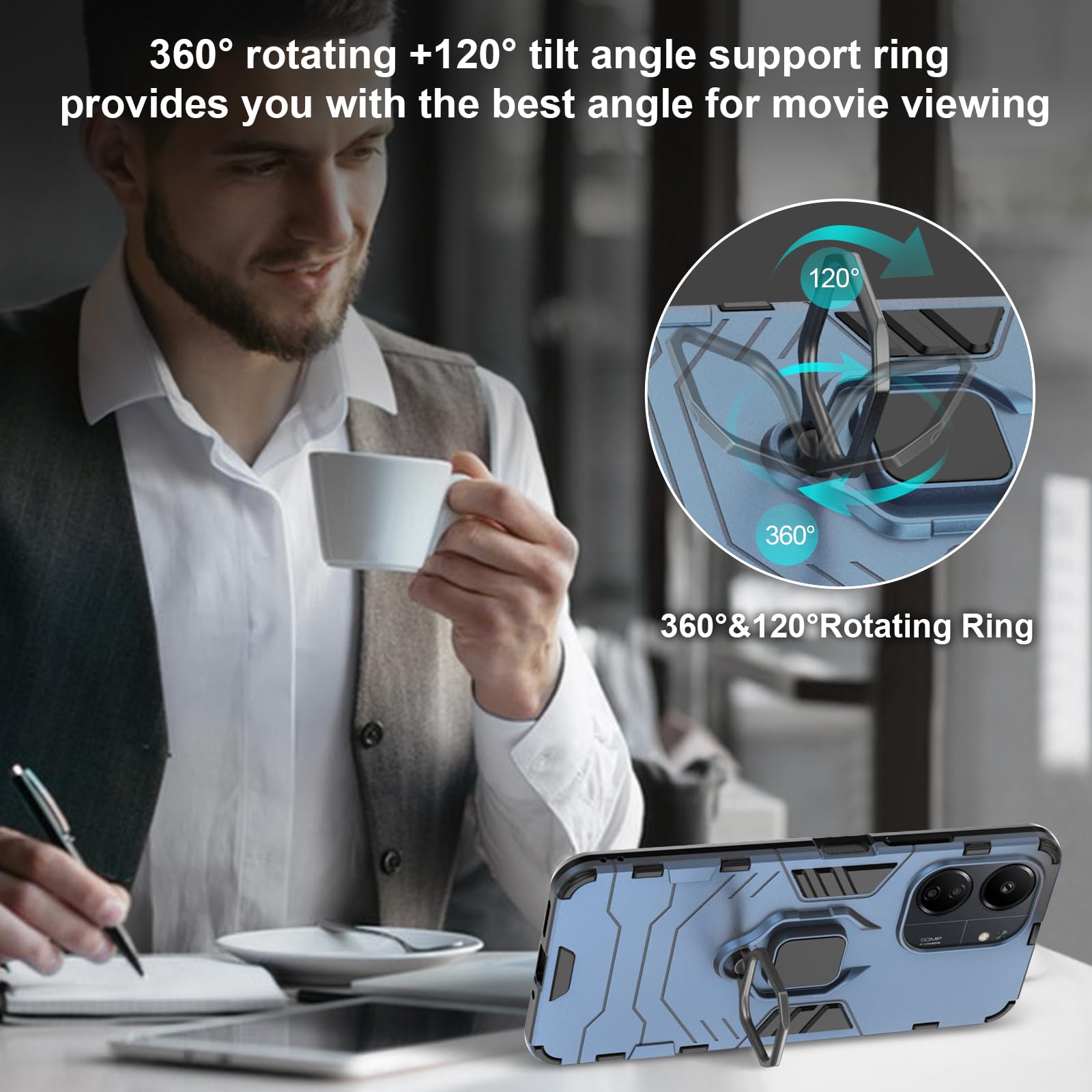 Funda para Xiaomi Redmi Note 15 Pro 5G, Carcasa Antigolpes con Soporte anular metálico, Case Protectora de Grado Militar, Azul — view 443