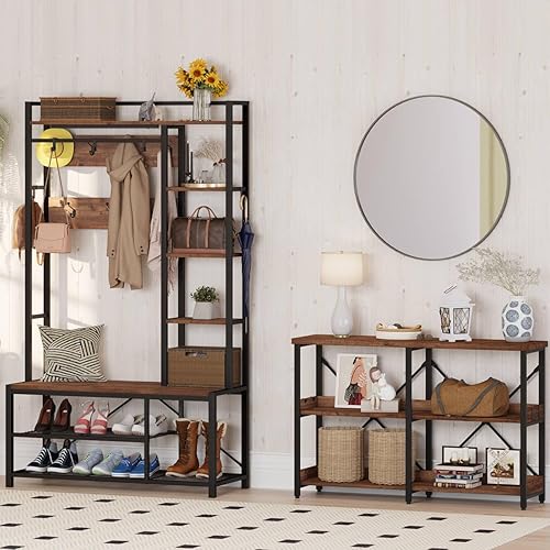 Miniatura 23 de BON AUGURE Mesa de entrada, mesas consola de 47 pulgadas para entrada, mesa estrecha para sofá para sala de estar, estantes de madera de 3 niveles