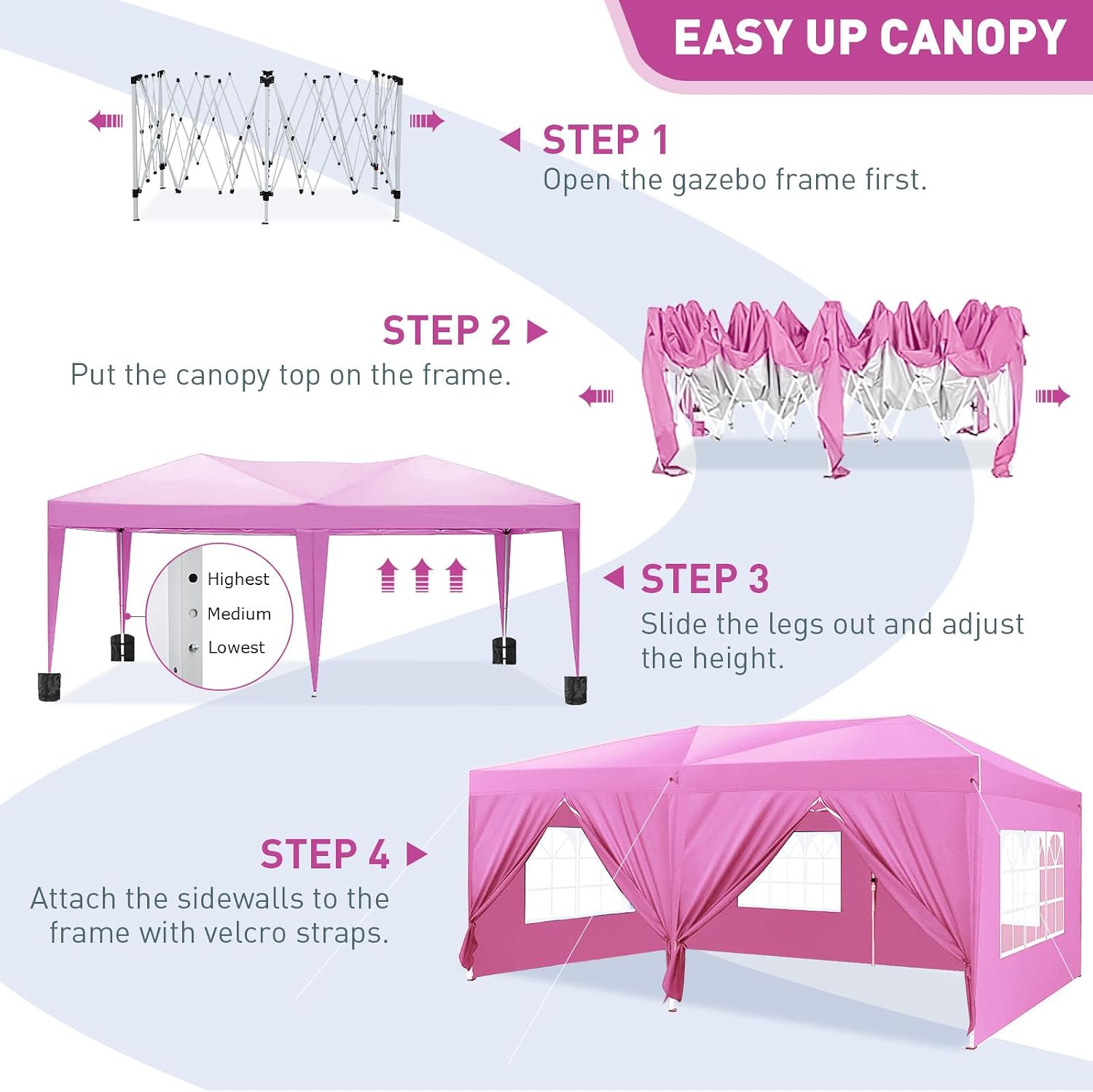 10'x20' Pop Up Canopy with Removable Sidewalls, Large Canopy Tent with 4 Sandbag & Carry Bag, Waterproof Heavy Duty Party Tent for Outdoor Commercial Event, Wedding, Graduation (Pink)