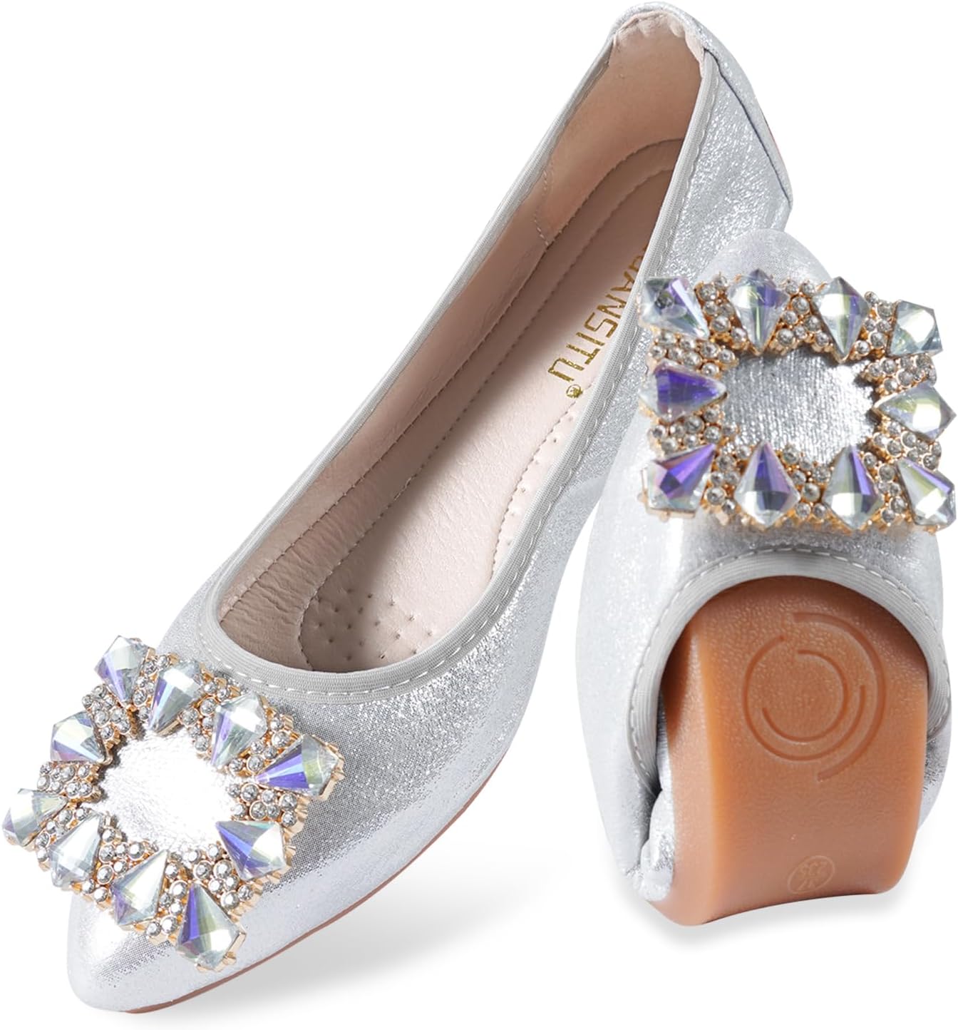 Women Ballet Flats Buckle Rhinestone Wedding Ballerina Shoes Foldable Sparkly Comfort Slip on Flat Shoes